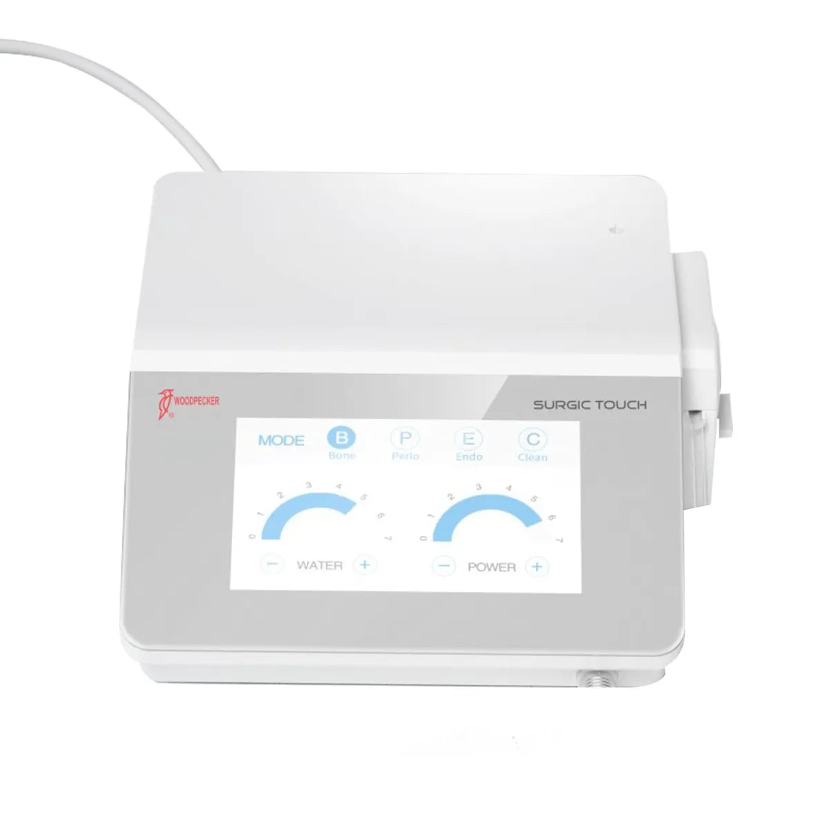 Woodpecker Surgic Touch piezosurgery unit. White compact touchscreen piezo surgical device with water and power for dental surgery