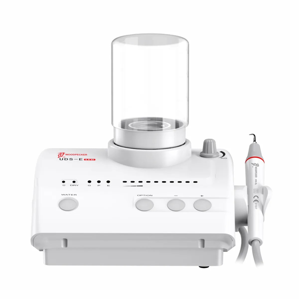 White dental unit with handpiece and water reservoir for woodpecker uds e led ultrasonic scaler by Beetle Dental