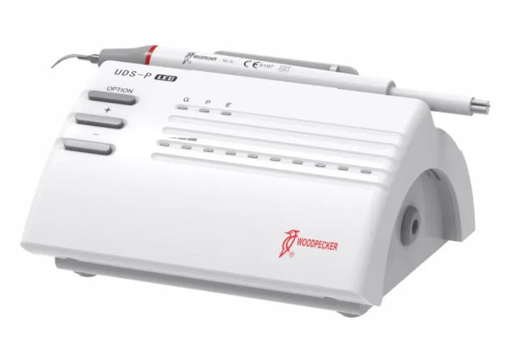 Woodpecker UDS P LED ultrasonic scaler white tabletop dental unit with handpiece and control buttons for scaling