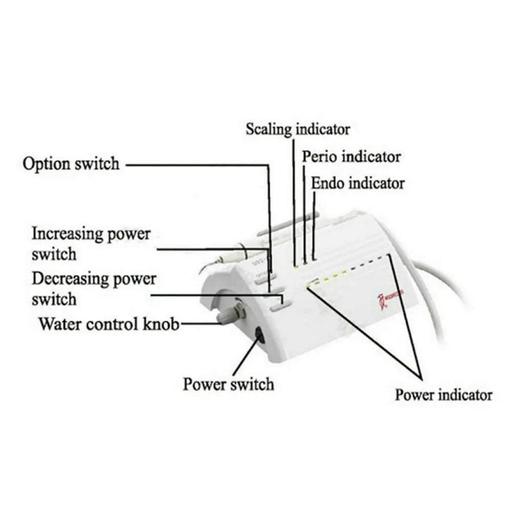 Woodpecker UDS-P ultrasonic scaler control unit with labeled power switches water control knob and indicators