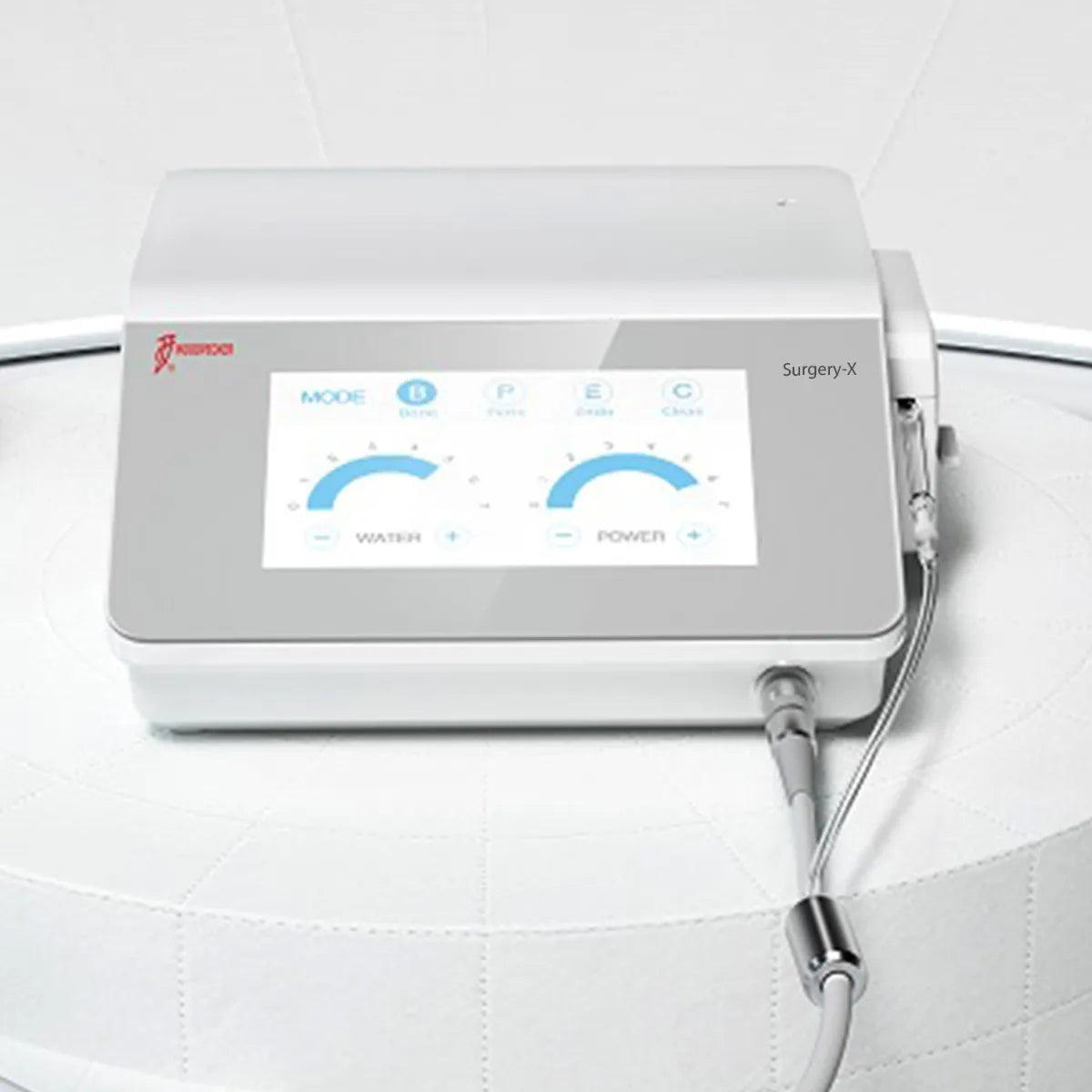 Woodpecker Ultra Surgery X dental implant motor on white touchscreen console with handpiece and cord