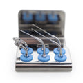Woodpecker endodontic scaler tips kit in stainless steel on metal tray with blue silicone holders