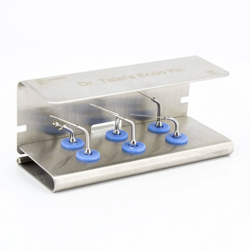 Woodpecker Dr Talal's Endo Kit stainless steel holder with five blue seated endodontic tips on tray