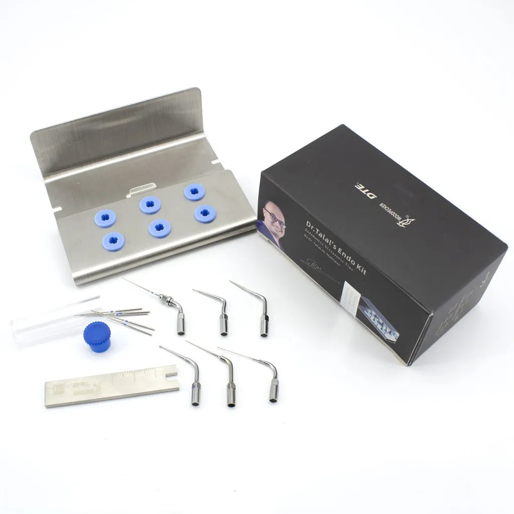 Woodpecker Dr Talal's Endo Kit stainless steel ultrasonic endodontic tips with metal tray and blue silicone holders